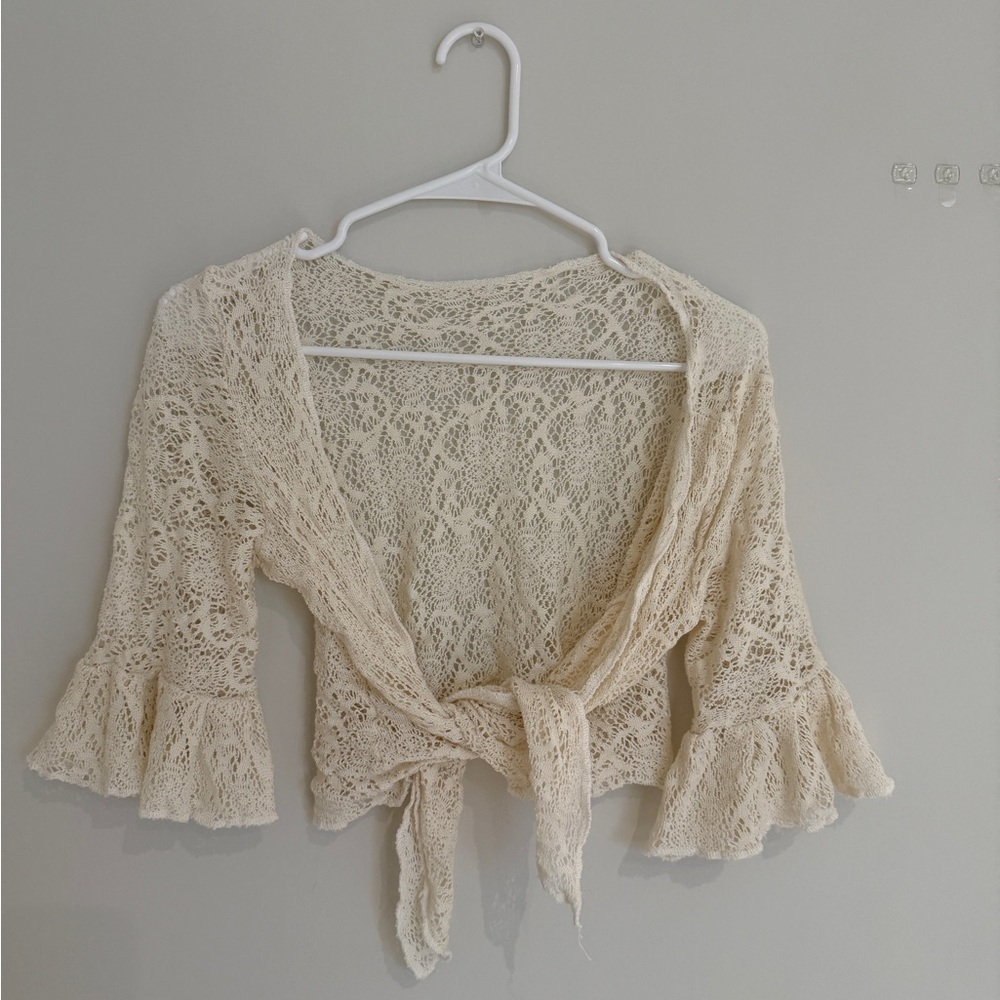 Cream Lace Tie-Front Cardigan